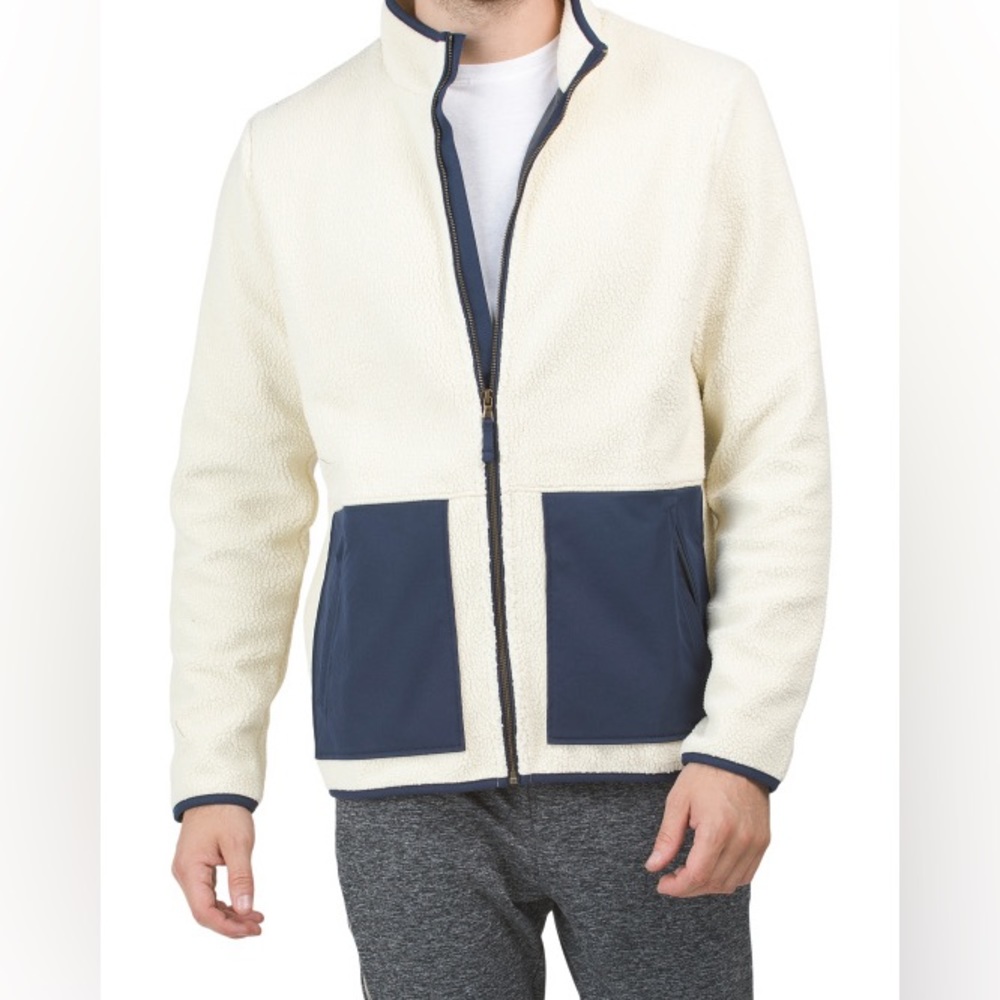 NEW $198 RHONE Menโs Sherpa Fleece Full-Zip Jacket XXLโ Natural (Cream)/Navy